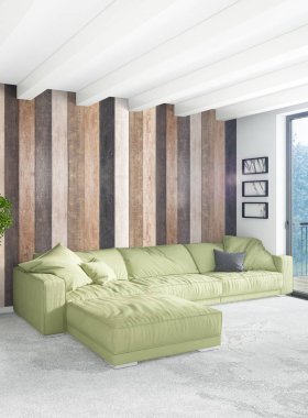 Beyaz yatak odası en az stil iç tasarım ahşap duvar ve gri Kanepeli. 3D render. 3D çizim