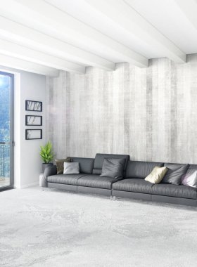 Beyaz yatak odası en az stil iç tasarım ahşap duvar ve gri Kanepeli. 3D render. 3D çizim