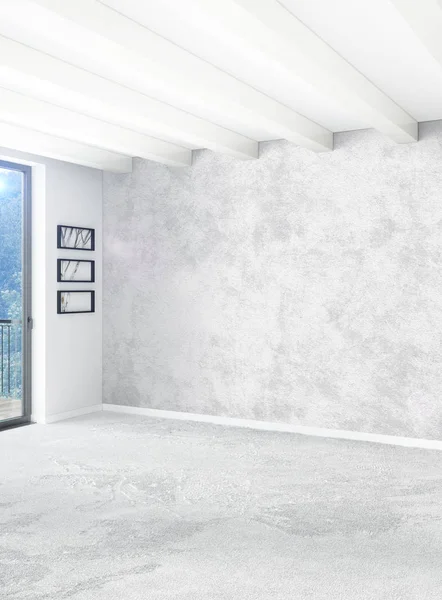 Beyaz yatak odası en az stil iç tasarım ahşap duvar ve gri Kanepeli. 3D render. 3D çizim