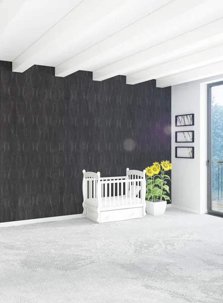 Beyaz yatak odası en az stil iç tasarım ahşap duvar ve gri Kanepeli. 3D render. 3D çizim