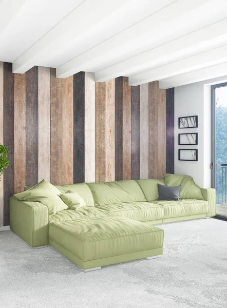 Beyaz yatak odası en az stil iç tasarım ahşap duvar ve gri Kanepeli. 3D render. 3D çizim