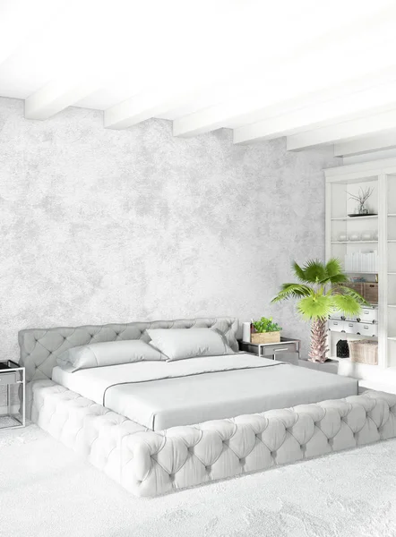 Camera da letto bianca dallo stile minimale Interior design con parete in legno e divano grigio. Rendering 3D. Illustrazione 3D — Foto Stock