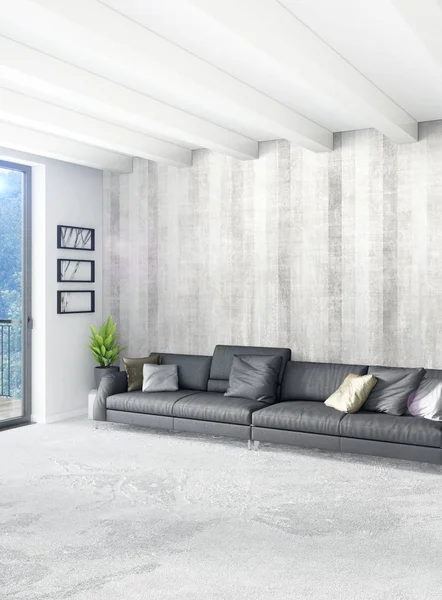 Beyaz yatak odası en az stil iç tasarım ahşap duvar ve gri Kanepeli. 3D render. 3D çizim