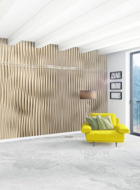 Beyaz yatak odası en az stil iç tasarım ahşap duvar ve gri Kanepeli. 3D render. 3D çizim