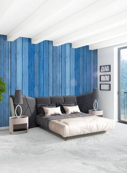Beyaz yatak odası en az stil iç tasarım ahşap duvar ve gri Kanepeli. 3D render. 3D çizim
