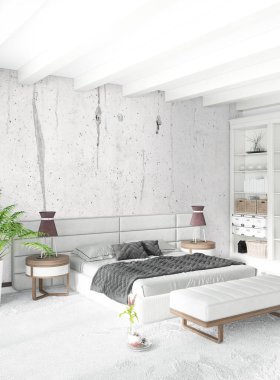 Beyaz yatak odası en az stil iç tasarım ahşap duvar ve gri Kanepeli. 3D render. 3D çizim