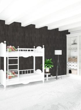 Beyaz yatak odası en az stil iç tasarım ahşap duvar ve gri Kanepeli. 3D render. 3D çizim