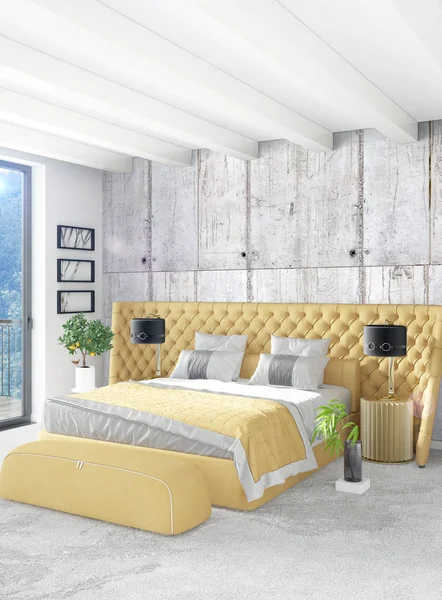 Beyaz yatak odası en az stil iç tasarım ahşap duvar ve gri Kanepeli. 3D render. 3D çizim