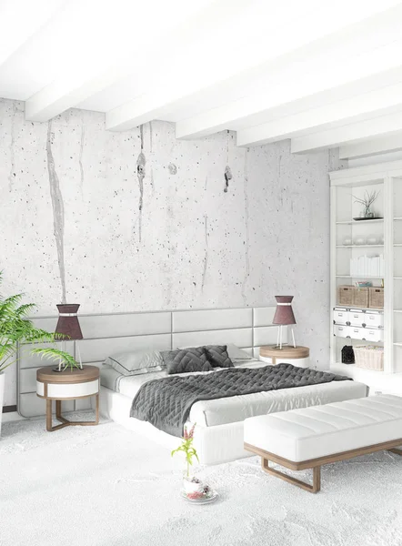 Beyaz yatak odası en az stil iç tasarım ahşap duvar ve gri Kanepeli. 3D render. 3D çizim