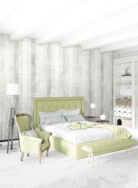 Beyaz yatak odası en az stil iç tasarım ahşap duvar ve gri Kanepeli. 3D render. 3D çizim