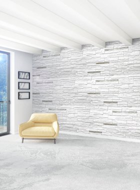 Beyaz yatak odası en az stil iç tasarım ahşap duvar ve gri Kanepeli. 3D render. 3D çizim