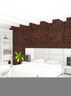 Beyaz yatak odası en az stil iç tasarım ahşap duvar ve gri Kanepeli. 3D render. 3D çizim