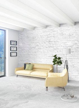 Beyaz yatak odası en az stil iç tasarım ahşap duvar ve gri Kanepeli. 3D render. 3D çizim