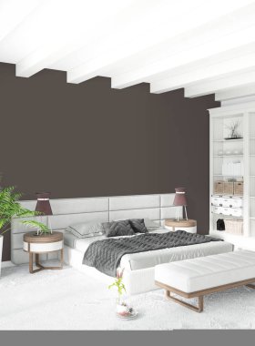 Beyaz yatak odası en az stil iç tasarım ahşap duvar ve gri Kanepeli. 3D render. 3D çizim