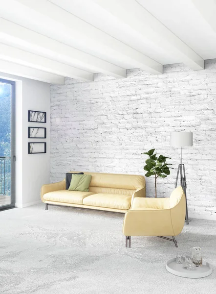 Beyaz yatak odası en az stil iç tasarım ahşap duvar ve gri Kanepeli. 3D render. 3D çizim