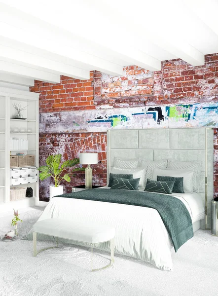 Beyaz yatak odası en az stil iç tasarım ahşap duvar ve gri Kanepeli. 3D render. 3D çizim