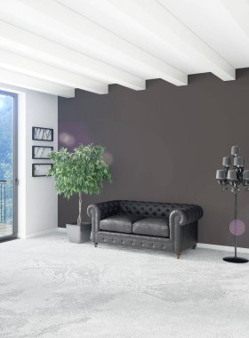 Beyaz yatak odası en az stil iç tasarım ahşap duvar ve gri Kanepeli. 3D render. 3D çizim