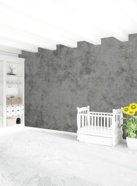 Beyaz yatak odası en az stil iç tasarım ahşap duvar ve gri Kanepeli. 3D render. 3D çizim