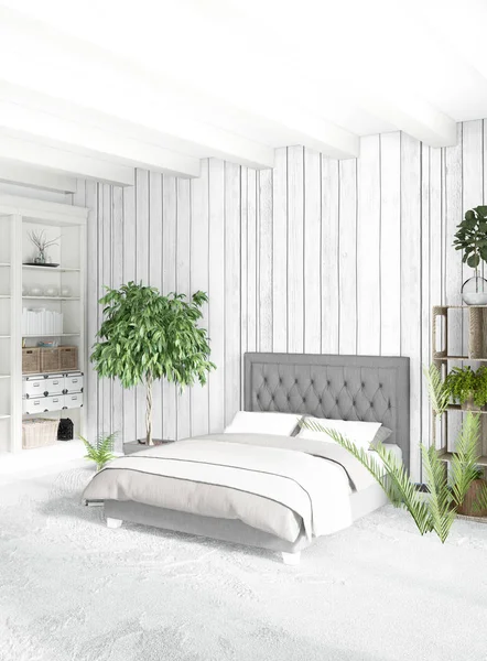 Beyaz yatak odası en az stil iç tasarım ahşap duvar ve gri Kanepeli. 3D render. 3D çizim