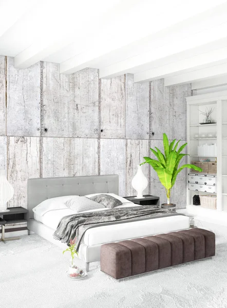 Beyaz yatak odası en az stil iç tasarım ahşap duvar ve gri Kanepeli. 3D render. 3D çizim