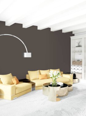 Beyaz yatak odası en az stil iç tasarım ahşap duvar ve gri Kanepeli. 3D render. 3D çizim