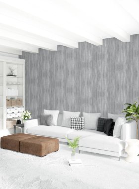 Beyaz yatak odası en az stil iç tasarım ahşap duvar ve gri Kanepeli. 3D render. 3D çizim