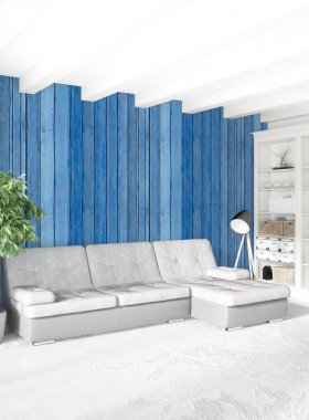 Beyaz yatak odası en az stil iç tasarım ahşap duvar ve gri Kanepeli. 3D render. 3D çizim