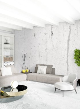 Beyaz yatak odası en az stil iç tasarım ahşap duvar ve gri Kanepeli. 3D render. 3D çizim