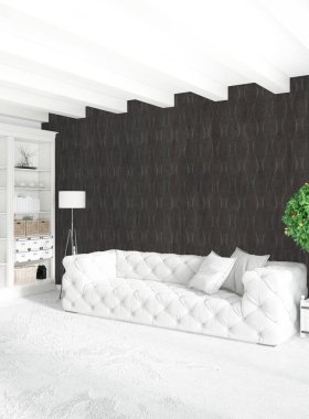 Beyaz yatak odası en az stil iç tasarım ahşap duvar ve gri Kanepeli. 3D render. 3D çizim