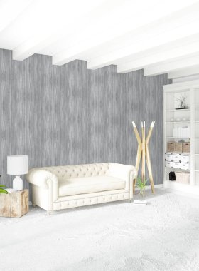 Beyaz yatak odası en az stil iç tasarım ahşap duvar ve gri Kanepeli. 3D render. 3D çizim