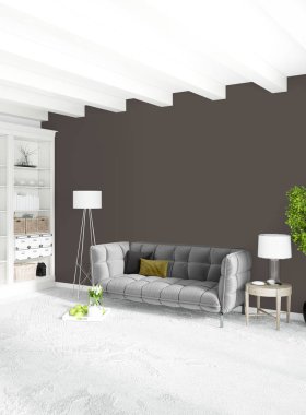 Beyaz yatak odası en az stil iç tasarım ahşap duvar ve gri Kanepeli. 3D render. 3D çizim