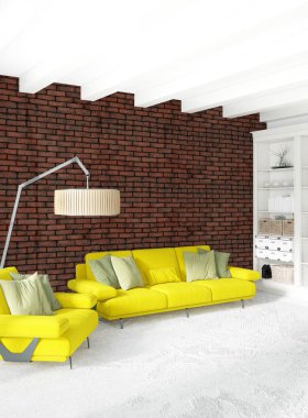 Beyaz yatak odası en az stil iç tasarım ahşap duvar ve gri Kanepeli. 3D render. 3D çizim