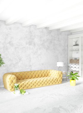 Beyaz yatak odası en az stil iç tasarım ahşap duvar ve gri Kanepeli. 3D render. 3D çizim