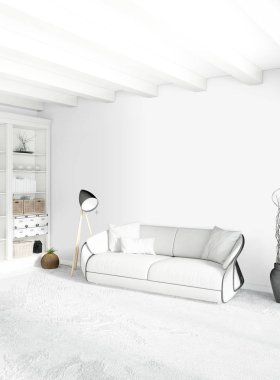 Beyaz yatak odası en az stil iç tasarım ahşap duvar ve gri Kanepeli. 3D render. 3D çizim