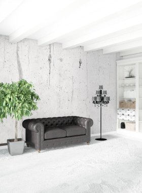 Beyaz yatak odası en az stil iç tasarım ahşap duvar ve gri Kanepeli. 3D render. 3D çizim