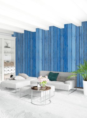 Beyaz yatak odası en az stil iç tasarım ahşap duvar ve gri Kanepeli. 3D render. 3D çizim