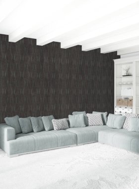 Beyaz yatak odası en az stil iç tasarım ahşap duvar ve gri Kanepeli. 3D render. 3D çizim