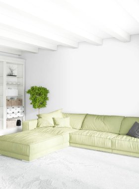 Beyaz yatak odası en az stil iç tasarım ahşap duvar ve gri Kanepeli. 3D render. 3D çizim