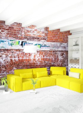 Beyaz yatak odası en az stil iç tasarım ahşap duvar ve gri Kanepeli. 3D render. 3D çizim