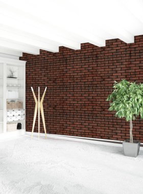 Beyaz yatak odası en az stil iç tasarım ahşap duvar ve gri Kanepeli. 3D render. 3D çizim