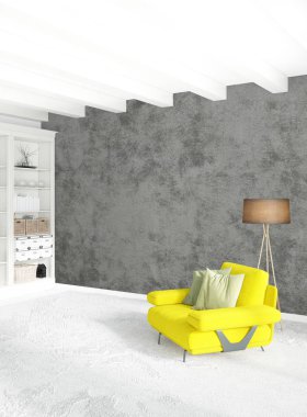 Beyaz yatak odası en az stil iç tasarım ahşap duvar ve gri Kanepeli. 3D render. 3D çizim