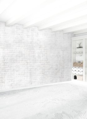 Beyaz yatak odası en az stil iç tasarım ahşap duvar ve gri Kanepeli. 3D render. 3D çizim