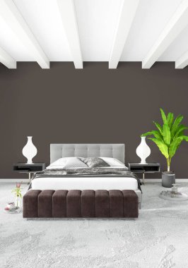 Beyaz yatak odası en az stil iç tasarım ahşap duvar ve gri Kanepeli. 3D render. 3D çizim