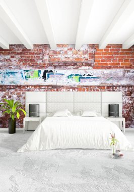 Beyaz yatak odası en az stil iç tasarım ahşap duvar ve gri Kanepeli. 3D render. 3D çizim