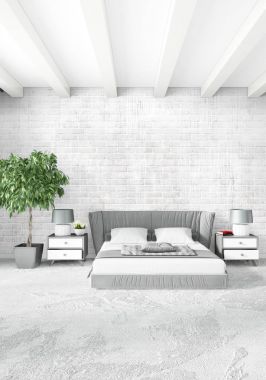Beyaz yatak odası en az stil iç tasarım ahşap duvar ve gri Kanepeli. 3D render. 3D çizim