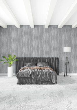 Beyaz yatak odası en az stil iç tasarım ahşap duvar ve gri Kanepeli. 3D render. 3D çizim