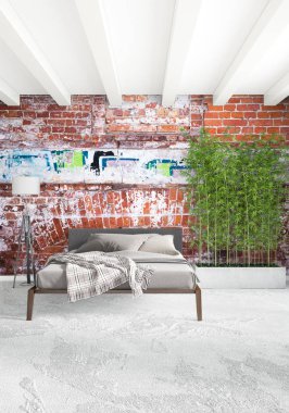 Beyaz yatak odası en az stil iç tasarım ahşap duvar ve gri Kanepeli. 3D render. 3D çizim