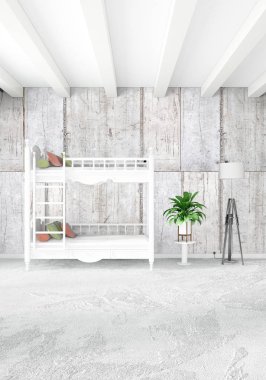 Beyaz yatak odası en az stil iç tasarım ahşap duvar ve gri Kanepeli. 3D render. 3D çizim