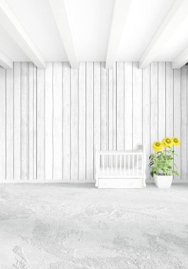 Beyaz yatak odası en az stil iç tasarım ahşap duvar ve gri Kanepeli. 3D render. 3D çizim