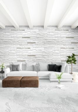 Beyaz yatak odası en az stil iç tasarım ahşap duvar ve gri Kanepeli. 3D render. 3D çizim